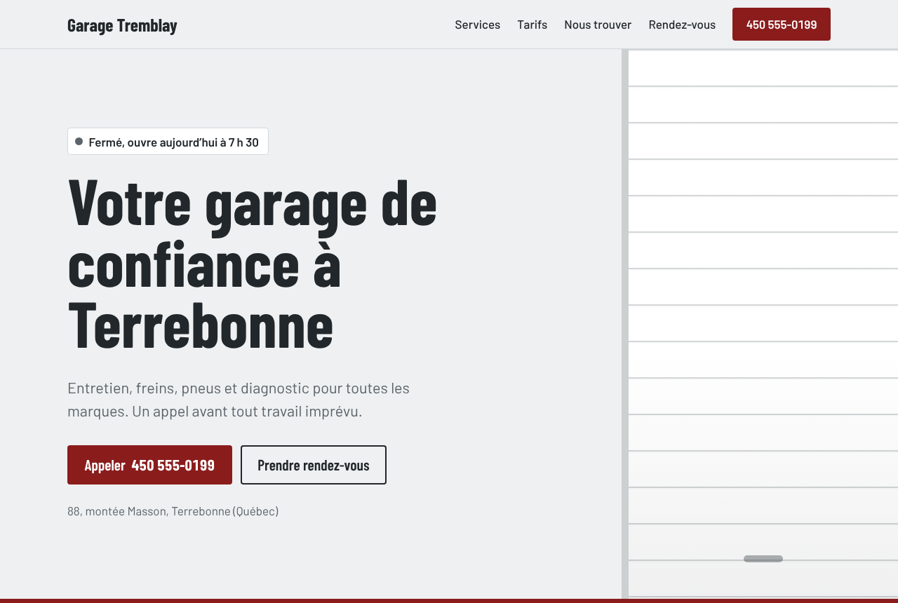 The top of the Garage Tremblay website: the headline “Your trusted garage in Terrebonne”, with buttons to call and book an appointment